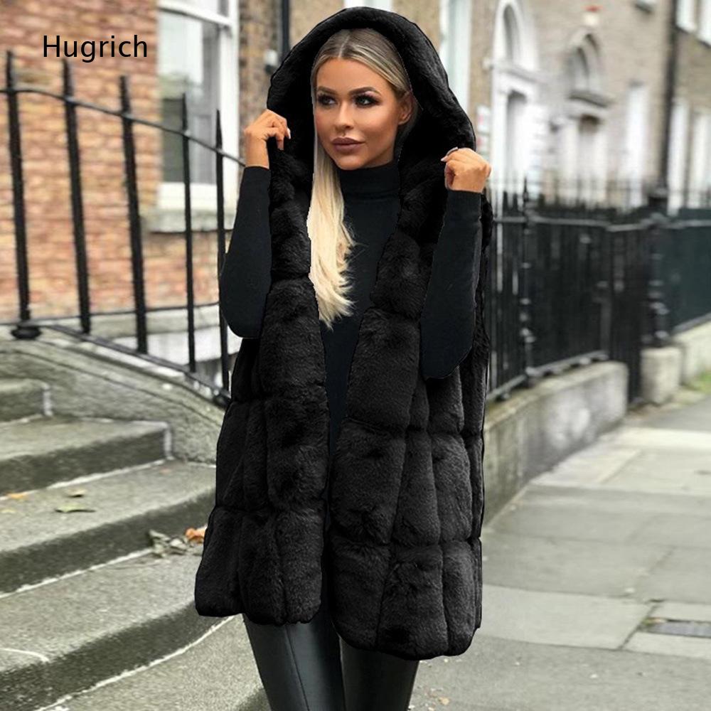 Women'S Fashion Gilet - Dames bruin nepbont vest met capuchon,