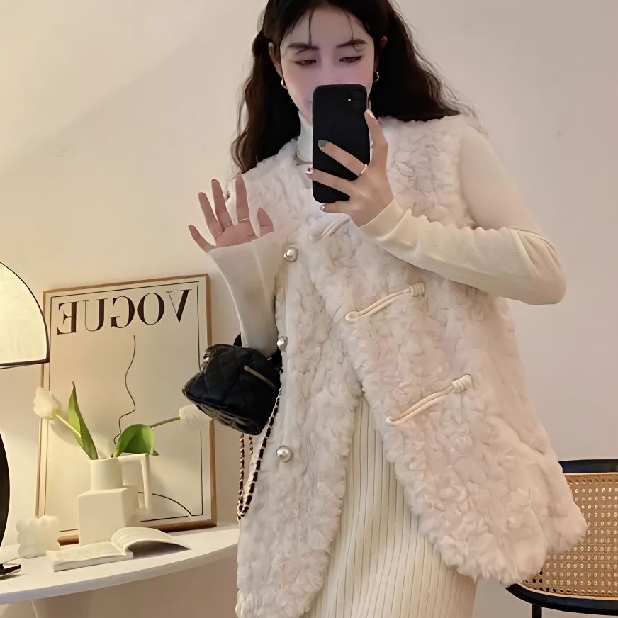 Women'S Fashion Gilet - Damesvesten Lam Pluche Wit Herfst Dame