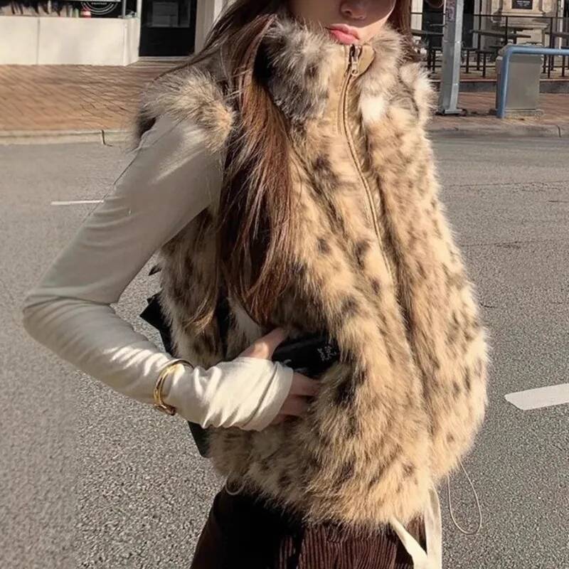 Women'S Fashion Gilet - Dames luipaardprint namaakbont gilet trendy winter