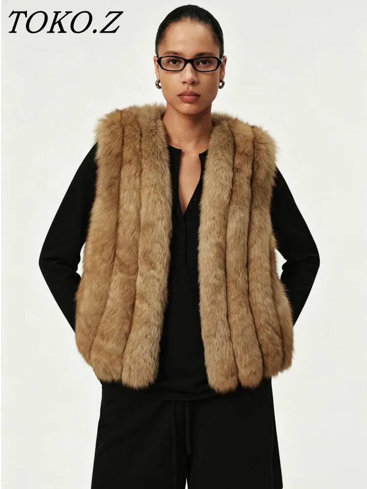Women'S Fashion Gilet - TOKO Vrouwen Verticaal Gestreept Faux Vossenbont