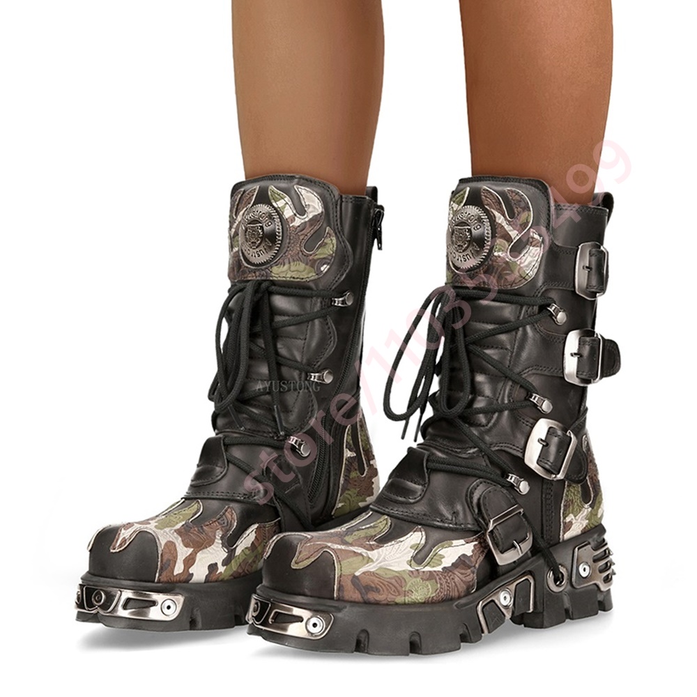 Women'S Fashion Trends 2025 - Punk Rock Camouflage Riem Gesp Motorlaarzen