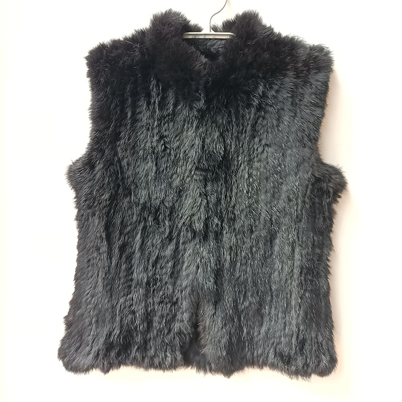 Women'S Fashion Gilet - 2023 Winter Zwart Gebreid Echt Konijnenbont