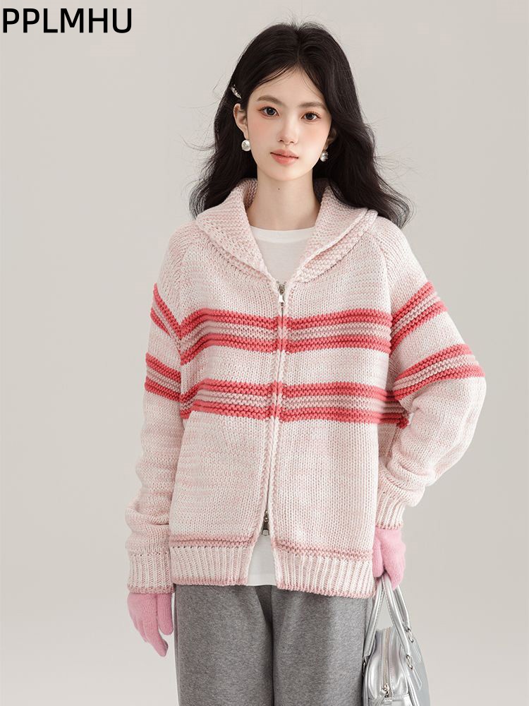 Women'S Fashion Gilet - Turn-Down Kraag Gestreept Gebreid Vest Koreaanse