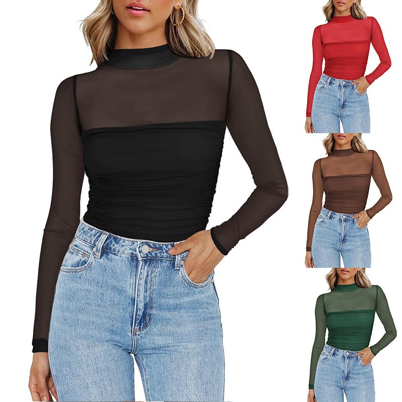 Women'S Fashion Tops - Dames effenkleurige doorschijnende mesh blouse met